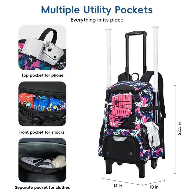 Alt view image 3 of 7 - 2-in-1 Rolling Baseball & Softball Bag, Detachable Backpack, Roll or Carry, Dual-Pole Anti-Tip, 3.5" Wheels, No Tools Setup