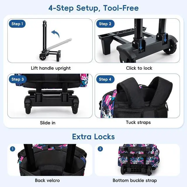 Alt view image 6 of 7 - 2-in-1 Rolling Baseball & Softball Bag, Detachable Backpack, Roll or Carry, Dual-Pole Anti-Tip, 3.5" Wheels, No Tools Setup