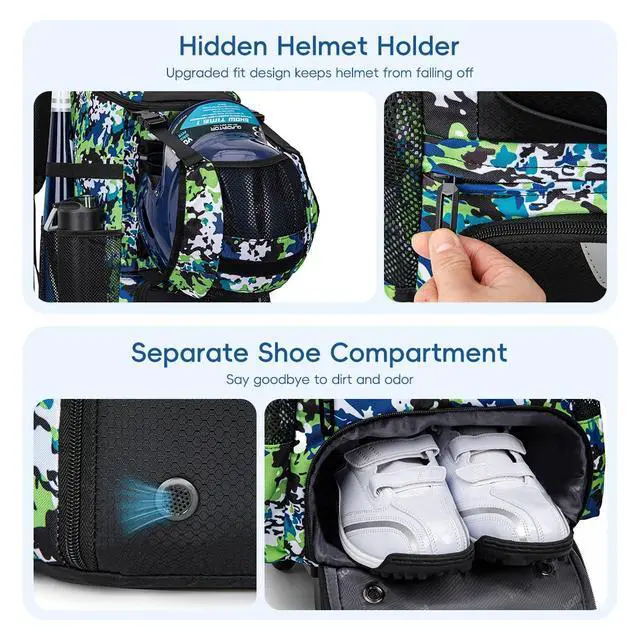 Alt view image 7 of 7 - 2-in-1 Rolling Baseball & Softball Bag, Detachable Backpack, Roll or Carry, Dual-Pole Anti-Tip, 3.5" Wheels, No Tools Setup