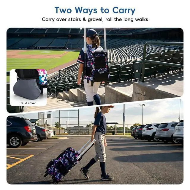 Alt view image 2 of 7 - 2-in-1 Rolling Baseball & Softball Bag, Detachable Backpack, Roll or Carry, Dual-Pole Anti-Tip, 3.5" Wheels, No Tools Setup