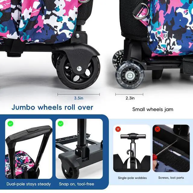 Alt view image 4 of 7 - 2-in-1 Rolling Baseball & Softball Bag, Detachable Backpack, Roll or Carry, Dual-Pole Anti-Tip, 3.5" Wheels, No Tools Setup