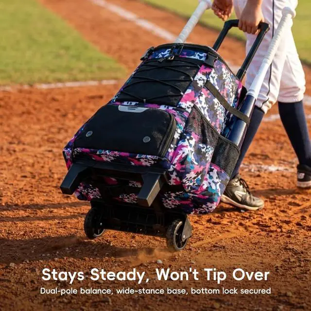 Alt view image 5 of 7 - 2-in-1 Rolling Baseball & Softball Bag, Detachable Backpack, Roll or Carry, Dual-Pole Anti-Tip, 3.5" Wheels, No Tools Setup
