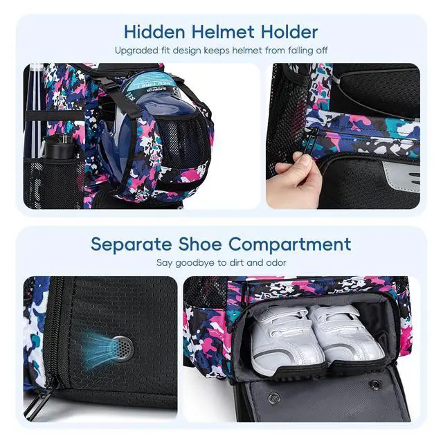 Alt view image 7 of 7 - 2-in-1 Rolling Baseball & Softball Bag, Detachable Backpack, Roll or Carry, Dual-Pole Anti-Tip, 3.5" Wheels, No Tools Setup