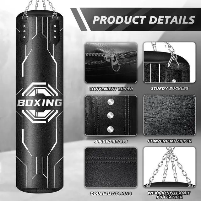 Alt view image 3 of 7 - Filled Punching Bag for Adults, 4FT PU Leather Hanging Boxing Bag with 11lb Sponge Filler & 12OZ Boxing Gloves, Heavy Kicking Bag Boxing Equipment for MMA Training Karate Kickboxing