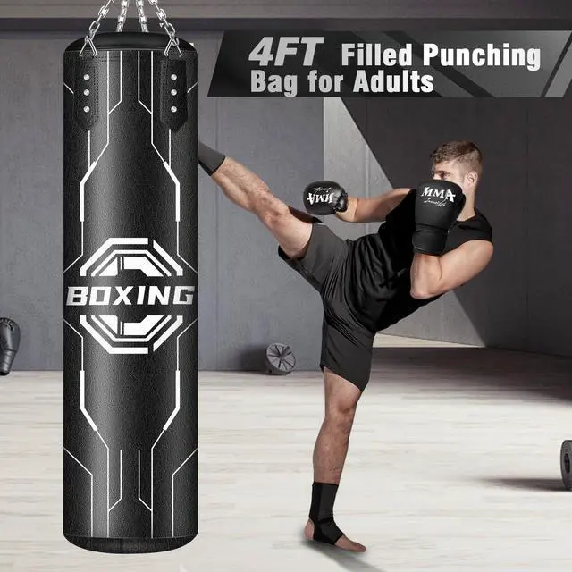 Alt view image 7 of 7 - Filled Punching Bag for Adults, 4FT PU Leather Hanging Boxing Bag with 11lb Sponge Filler & 12OZ Boxing Gloves, Heavy Kicking Bag Boxing Equipment for MMA Training Karate Kickboxing