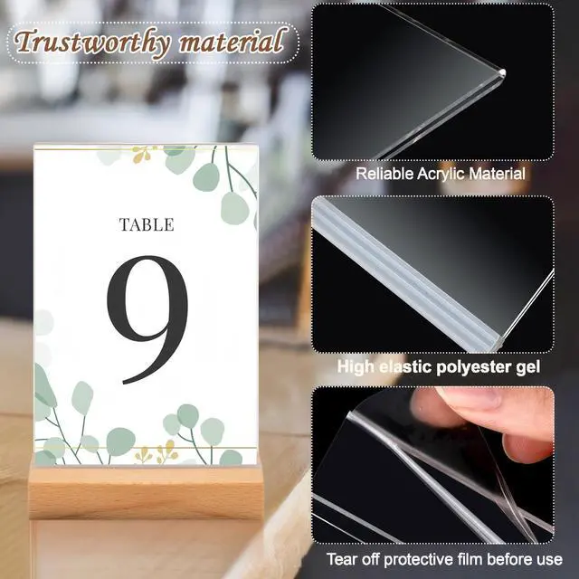 Alt view image 3 of 6 - 24 Pack 4 x 6 Inches Clear Acrylic Sign with Wood Base T Shape Sign Holder Vertical Blank Stands Desktop Display Plastic Menu Frame Double Sided Flyer Stand for Wedding Restaurant Party Decor