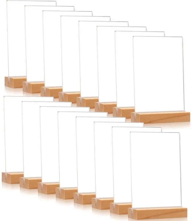 Main image of 24 Pack 4 x 6 Inches Clear Acrylic Sign with Wood Base T Shape Sign Holder Vertical Blank Stands Desktop Display Plastic Menu Frame Double Sided Flyer Stand for Wedding Restaurant Party Decor