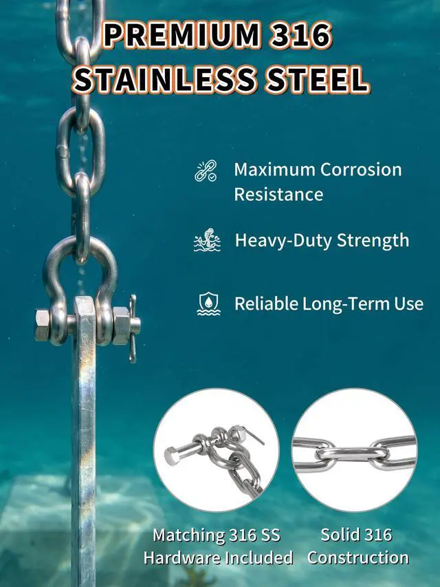 Alt view image 2 of 6 - 1/4" 5/16" 316 Stainless Steel Boat Anchor Chain Kit, Heavy-Duty Marine Lead Chain with 2 Anti-Off Shackles for Pontoon & Sailboat
