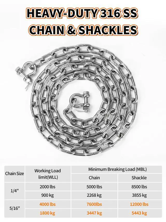 Alt view image 4 of 6 - 1/4" 5/16" 316 Stainless Steel Boat Anchor Chain Kit, Heavy-Duty Marine Lead Chain with 2 Anti-Off Shackles for Pontoon & Sailboat