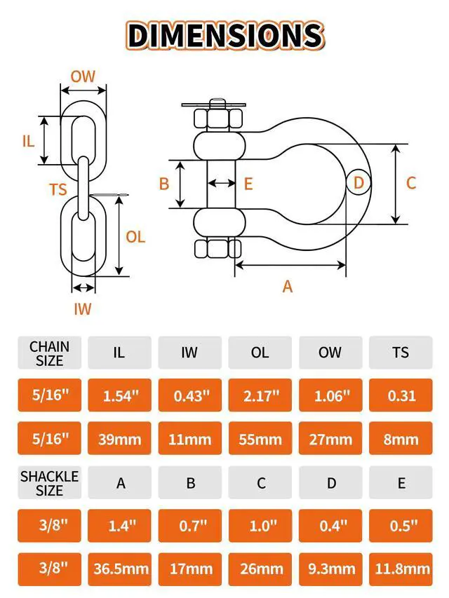 Alt view image 5 of 6 - 1/4" 5/16" 316 Stainless Steel Boat Anchor Chain Kit, Heavy-Duty Marine Lead Chain with 2 Anti-Off Shackles for Pontoon & Sailboat
