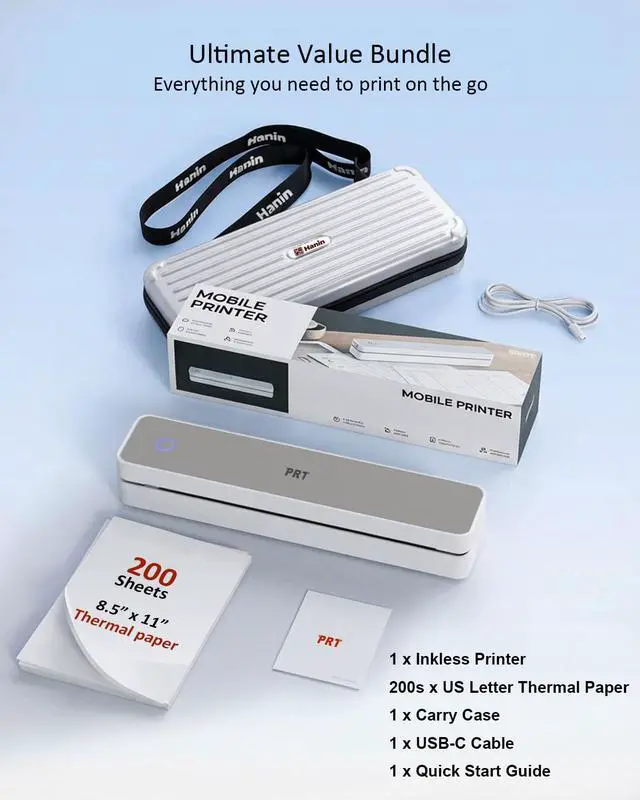 Alt view image 2 of 7 - MT610 Inkless Portable Printer Wireless Thermal Mobile Printers with Carry Case & 200 Sheets Paper, Supports 8.5"x11" US Letter & A4, Bluetooth Travel Printer for Laptop, iOS & Android, Grey
