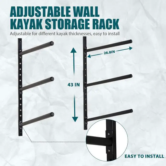 Alt view image 4 of 6 - Kayak Storage Rack, Adjustable Wall Mount Kayak Racks for Garage and Outdoor Storage, Heavy Duty Weight Capacity, 2 Level / 3 Level / 4 Level