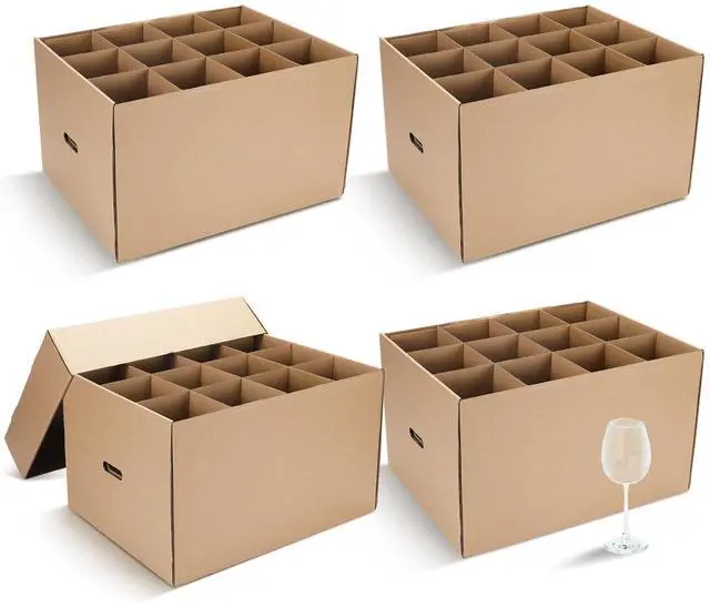 Main image of 4 Pack Wine Glass Moving Boxes Kitchen Moving Boxes with Handle Kitchen Kit with Lid for Dish Glassware (Brown,20 x 15 x 12 Inches)