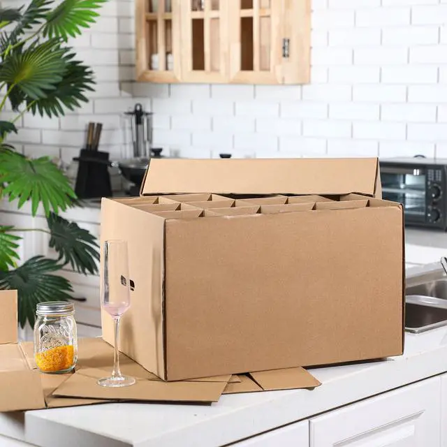 Alt view image 4 of 6 - 4 Pack Wine Glass Moving Boxes Kitchen Moving Boxes with Handle Kitchen Kit with Lid for Dish Glassware (Brown,20 x 15 x 12 Inches)