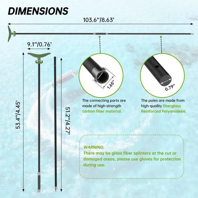 Alt view image 2 of 7 - 8.63ft/12.3ft Shallow Water Anchor Pole, Fiberglass Push Poles for Boat with T-Handle & 316 Stainless Tip, Corrosion-Resistant Sand Anchor for Beach Kayak, Gloves Included