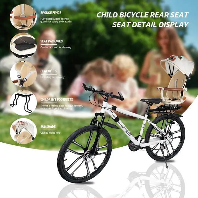 Alt view image 2 of 7 - Rear Child Bike Seat,Rear Mounted Child Bike Seats,Back Mount Child Seat with Back Rest Armrest Foot Pedals,Width Adjustable Bicycle Rear Seat,Fits All Bicycle Rear Frames
