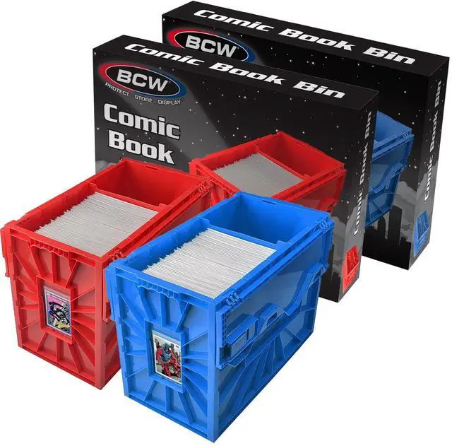Main image of Red & Blue Short Comic Bin Set | Plastic Comic Book Box Storage | Color-Coded Organization for Comics
