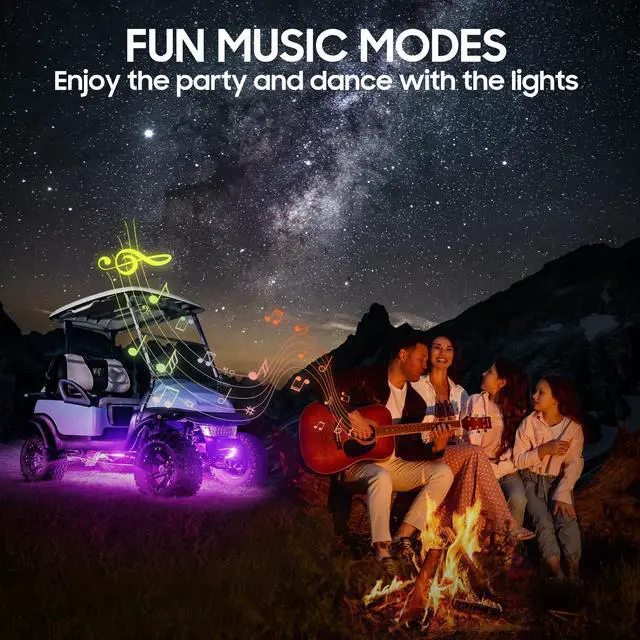 Alt view image 4 of 7 - 4PCS Golf Cart Underglow LED Light Kit, Underbody RGB Strip Lights, 24-Mode Neon Accent Lighting, Music Sync, Wireless Remote, IP67 Waterproof, 12V-80V Input for EZGO Yamaha Club Car