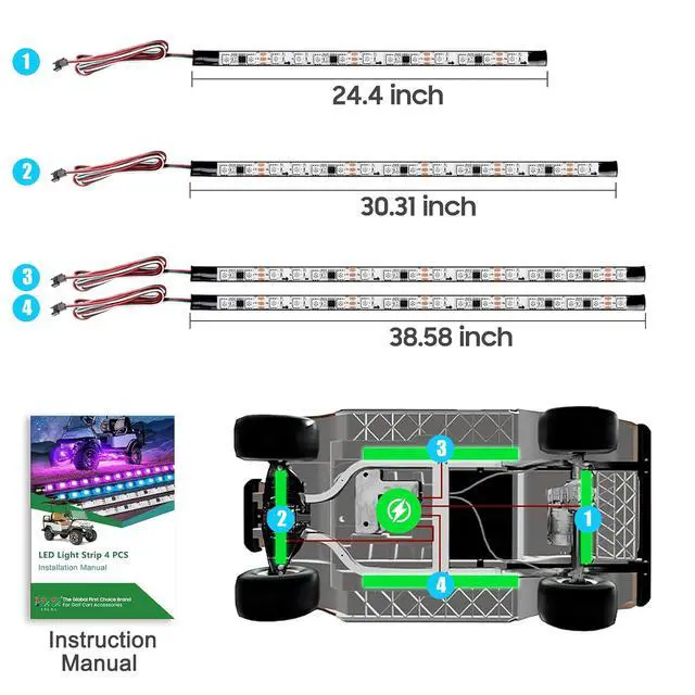 Alt view image 6 of 7 - 4PCS Golf Cart Underglow LED Light Kit, Underbody RGB Strip Lights, 24-Mode Neon Accent Lighting, Music Sync, Wireless Remote, IP67 Waterproof, 12V-80V Input for EZGO Yamaha Club Car