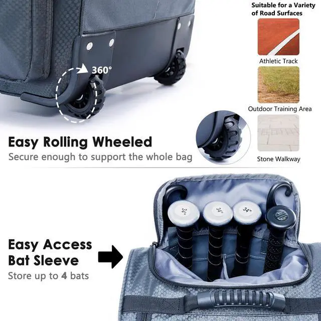 Alt view image 3 of 6 - Rolling Baseball Bag With Wheels, Seperate Shoe Compartment and Fence Hook - Large Softball Bag for T-Ball - Team Equipment Duffle Bag - Catcher Gear Bag for Boys 8-12, Youth, Adults