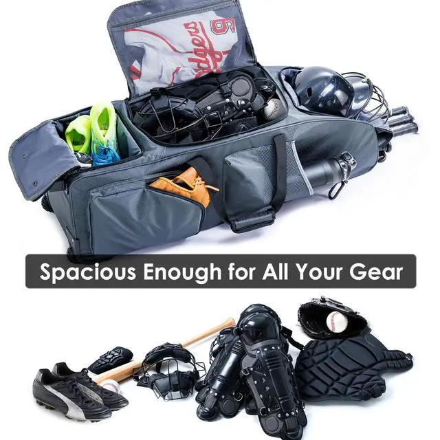 Alt view image 2 of 6 - Rolling Baseball Bag With Wheels, Seperate Shoe Compartment and Fence Hook - Large Softball Bag for T-Ball - Team Equipment Duffle Bag - Catcher Gear Bag for Boys 8-12, Youth, Adults