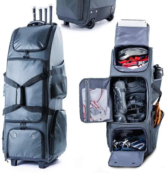 Main image of Rolling Baseball Bag With Wheels, Seperate Shoe Compartment and Fence Hook - Large Softball Bag for T-Ball - Team Equipment Duffle Bag - Catcher Gear Bag for Boys 8-12, Youth, Adults