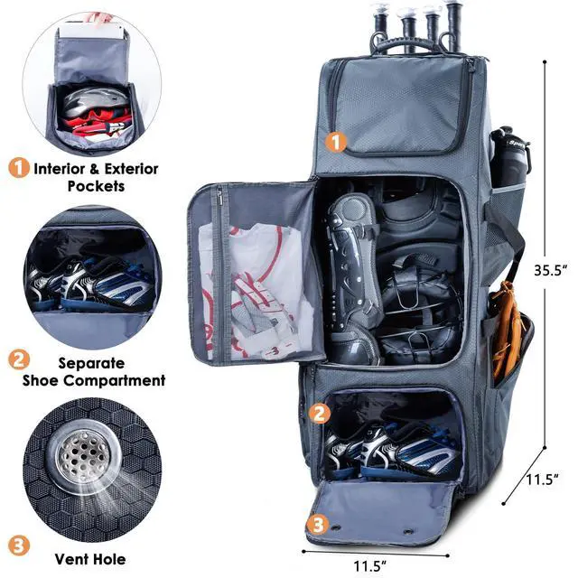 Alt view image 5 of 6 - Rolling Baseball Bag With Wheels, Seperate Shoe Compartment and Fence Hook - Large Softball Bag for T-Ball - Team Equipment Duffle Bag - Catcher Gear Bag for Boys 8-12, Youth, Adults