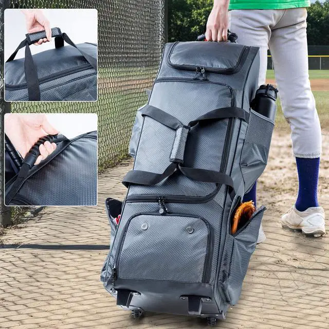 Alt view image 6 of 6 - Rolling Baseball Bag With Wheels, Seperate Shoe Compartment and Fence Hook - Large Softball Bag for T-Ball - Team Equipment Duffle Bag - Catcher Gear Bag for Boys 8-12, Youth, Adults