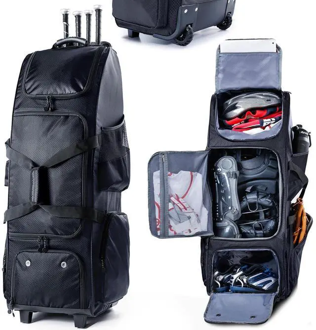 Main image of Rolling Baseball Bag With Wheels, Seperate Shoe Compartment and Fence Hook - Large Softball Bag for T-Ball - Team Equipment Duffle Bag - Catcher Gear Bag for Boys 8-12, Youth, Adults