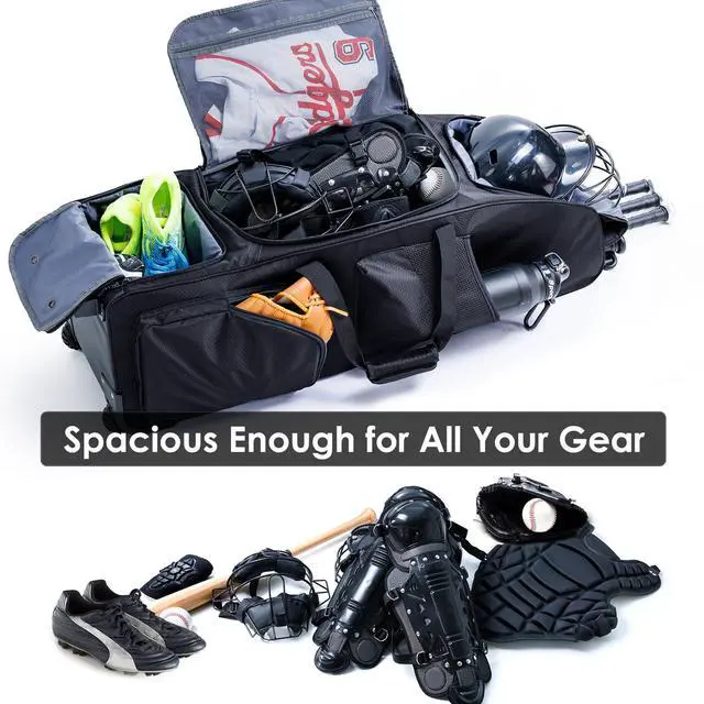 Alt view image 2 of 6 - Rolling Baseball Bag With Wheels, Seperate Shoe Compartment and Fence Hook - Large Softball Bag for T-Ball - Team Equipment Duffle Bag - Catcher Gear Bag for Boys 8-12, Youth, Adults