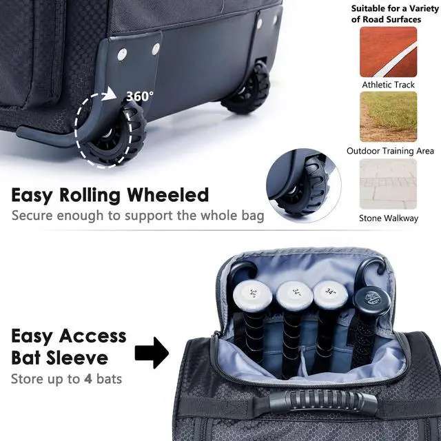 Alt view image 3 of 6 - Rolling Baseball Bag With Wheels, Seperate Shoe Compartment and Fence Hook - Large Softball Bag for T-Ball - Team Equipment Duffle Bag - Catcher Gear Bag for Boys 8-12, Youth, Adults