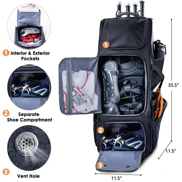 Alt view image 5 of 6 - Rolling Baseball Bag With Wheels, Seperate Shoe Compartment and Fence Hook - Large Softball Bag for T-Ball - Team Equipment Duffle Bag - Catcher Gear Bag for Boys 8-12, Youth, Adults