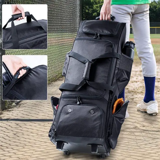 Alt view image 6 of 6 - Rolling Baseball Bag With Wheels, Seperate Shoe Compartment and Fence Hook - Large Softball Bag for T-Ball - Team Equipment Duffle Bag - Catcher Gear Bag for Boys 8-12, Youth, Adults