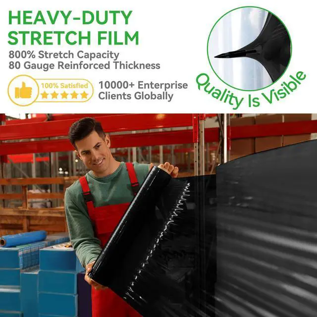 Alt view image 2 of 7 - 18"x1500ft Black Stretch/Shrink Wrap Roll for Moving, 4 Rolls | 80 Gauge, Industrial Plastic Wrap for Moving, Heavy Duty 800% Stretch, For Pallets, Packing, Shipping & Furniture Protection