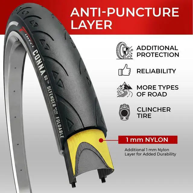 Alt view image 3 of 7 - 700x25c Tire - Road Bike Tires 25-622 with 1 mm Nylon Anti Puncture - Black 700c Bike Tire Puncture Proof with Kevlar for Racing, Hybrid, Folding Bicycles - Flatless Bike Tires 28 inch