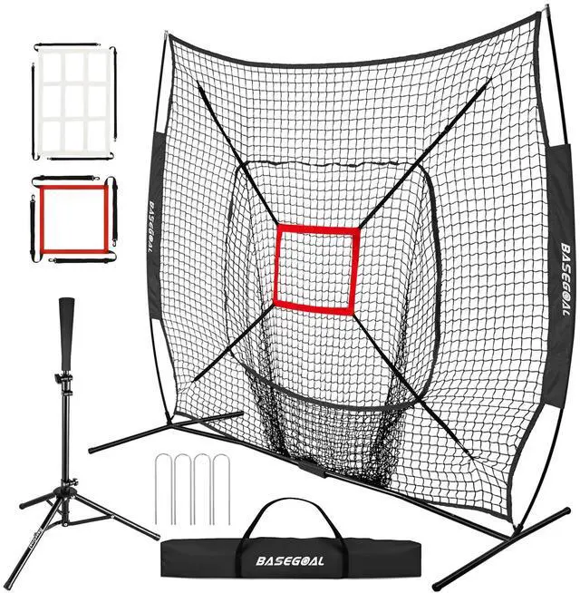 Main image of 7'×7' Baseball Softball Practice Net,Baseball Backstop,with Batting Tee,for Hitting Pitching Batting Catching with Bow Frame,Bonus Strike Zone