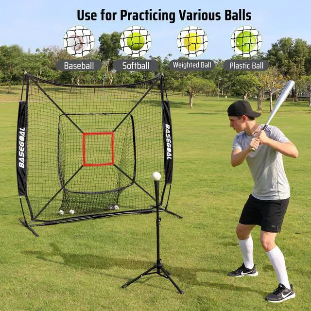 Alt view image 2 of 7 - 7'×7' Baseball Softball Practice Net,Baseball Backstop,with Batting Tee,for Hitting Pitching Batting Catching with Bow Frame,Bonus Strike Zone
