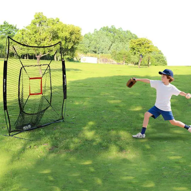 Alt view image 3 of 7 - 7'×7' Baseball Softball Practice Net,Baseball Backstop,with Batting Tee,for Hitting Pitching Batting Catching with Bow Frame,Bonus Strike Zone