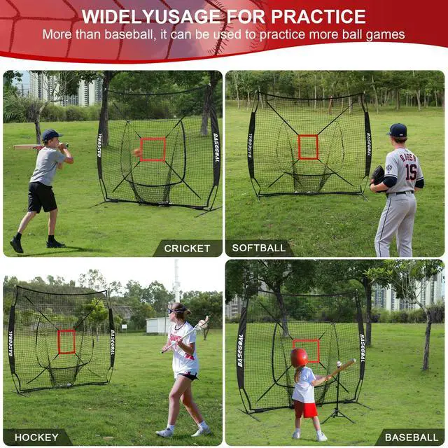 Alt view image 6 of 7 - 7'×7' Baseball Softball Practice Net,Baseball Backstop,with Batting Tee,for Hitting Pitching Batting Catching with Bow Frame,Bonus Strike Zone