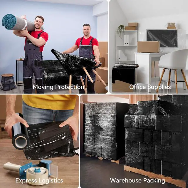 Alt view image 6 of 7 - 18"x1500ft Black Stretch/Shrink Wrap Roll for Moving, 4 Rolls | 80 Gauge, Industrial Plastic Wrap for Moving, Heavy Duty 800% Stretch, For Pallets, Packing, Shipping & Furniture Protection