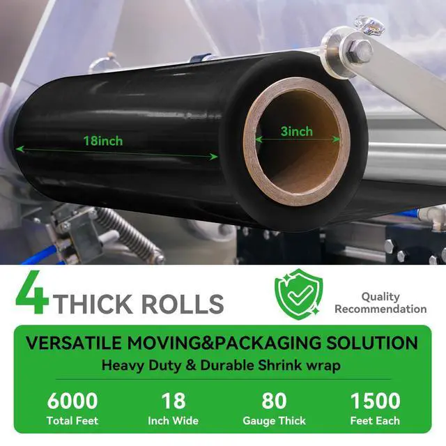 Alt view image 7 of 7 - 18"x1500ft Black Stretch/Shrink Wrap Roll for Moving, 4 Rolls | 80 Gauge, Industrial Plastic Wrap for Moving, Heavy Duty 800% Stretch, For Pallets, Packing, Shipping & Furniture Protection