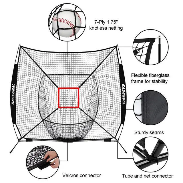 Alt view image 6 of 7 - 7'×7' Baseball Softball Practice Net,Baseball Backstop,with Batting Tee,for Hitting Pitching Batting Catching with Bow Frame,Bonus Strike Zone
