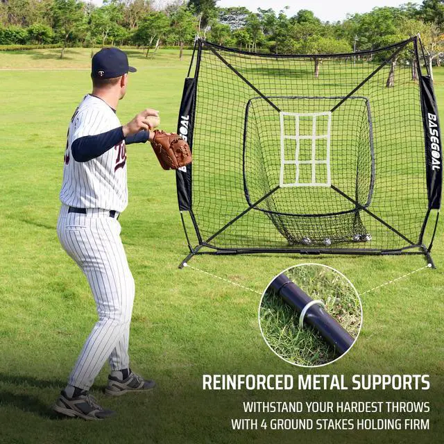 Alt view image 5 of 7 - 7'×7' Baseball Softball Practice Net,Baseball Backstop,with Batting Tee,for Hitting Pitching Batting Catching with Bow Frame,Bonus Strike Zone