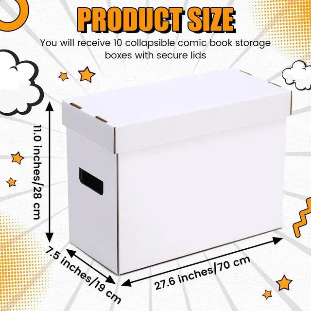 Alt view image 2 of 7 - 10 Pack Comic Book Storage Boxes, Holds 200-225 Comics, 27.56 x 7.5 x 11 Inch Stackable Comic Short Bin Organizer Cardboard Box for Collapsible Magazine Book Collecting Supplies
