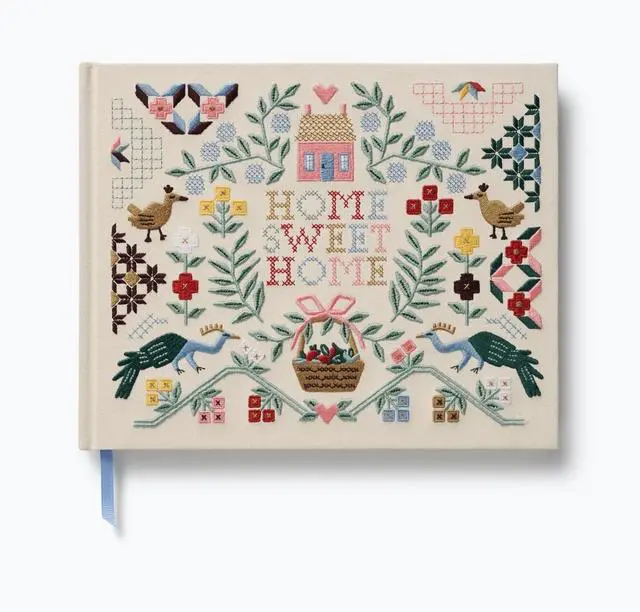 Main image of Home Sweet Home Embroidered Fabric Guest Book, Hard Cover Wrapped in Book Cloth & Ribbon Bookmark, (144 Ruled Pages Metallic Gold Ink, 10.25" W x 8.25" L)