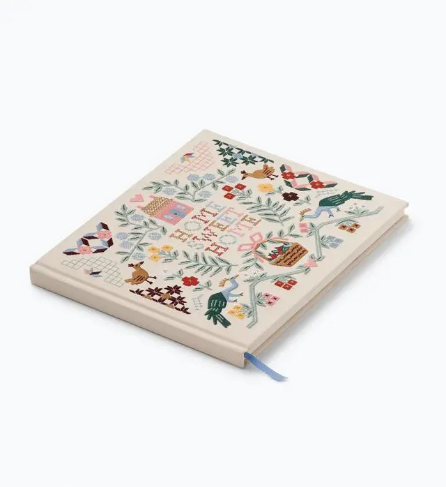 Alt view image 6 of 6 - Home Sweet Home Embroidered Fabric Guest Book, Hard Cover Wrapped in Book Cloth & Ribbon Bookmark, (144 Ruled Pages Metallic Gold Ink, 10.25" W x 8.25" L)