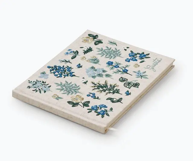 Alt view image 5 of 7 - Wildwood Embroidered Fabric Guest Book | Hard Cover Wrapped in Book Cloth & Grosgrain Ribbon Bookmark, (Lay-Flat Binding, 144 Ruled Pages with Metallic Gold Ink, 8" L x 5.75" W)