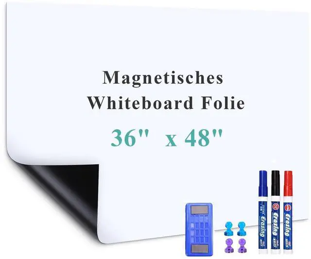 Main image of White Board Adhesive Contact Paper, 48" x 36" Stick on Magnetic Whiteboard Roll, Dry Erase Board for Wall, Easy to Write and Clean Magnetic Board for Kids, Office, Home, with Marker, Eraser