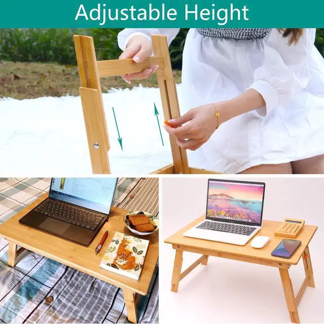 Alt view image 3 of 6 - Lap Desk for Bed, Bed Desk Bed Table Tary, Low Desk Table, Folding Floor Table, Adjustable Height, Portable Foldable Picnic Desk,Serving Breakfast Coffee in Bed Couch Floor.Bamboo