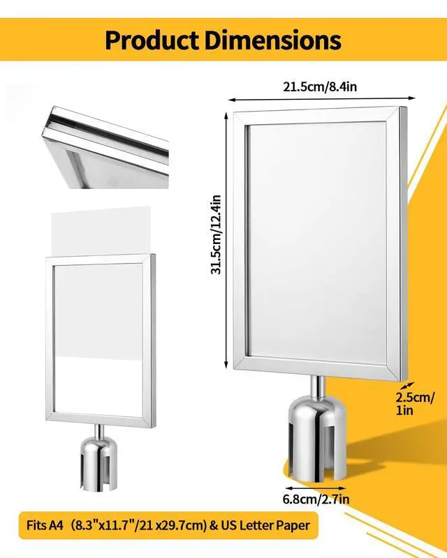 Alt view image 2 of 7 - 4 Pack Stanchion Sign Holders, Portrait Double Sided Sign Frame with Clear Cover, Fits 8.3 x 11.7 Inch Paper for Crowd Control Sentry Stanchions (Silver)